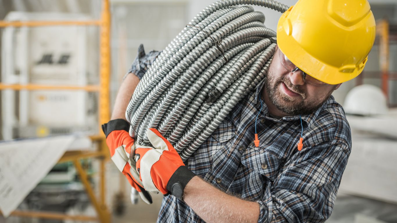 An electrical contractor carrying conduit.